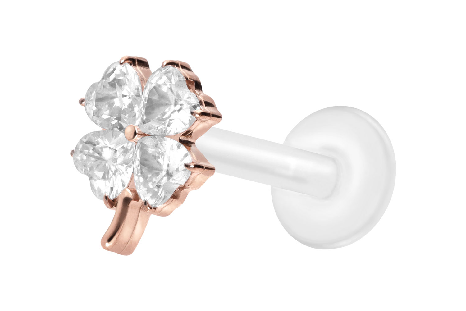 PTFE Labret Piercing mit Innengewinde + Titan-Aufsatz KRISTALLKLEEBLATT